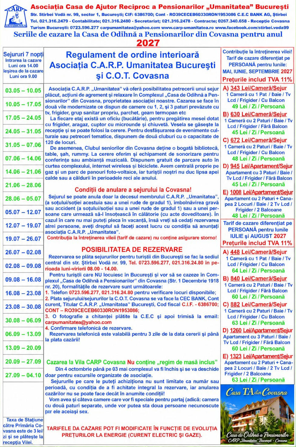 Seriile de cazare la COT Covasna anul 2027