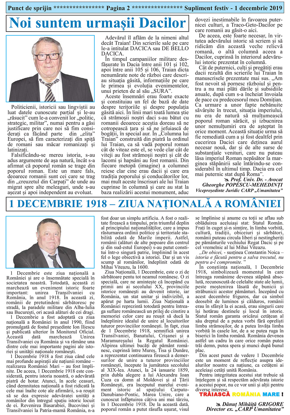 Ziarul Punct de sprijin al CARP Umanitatea supliment 1 decembrie 2019